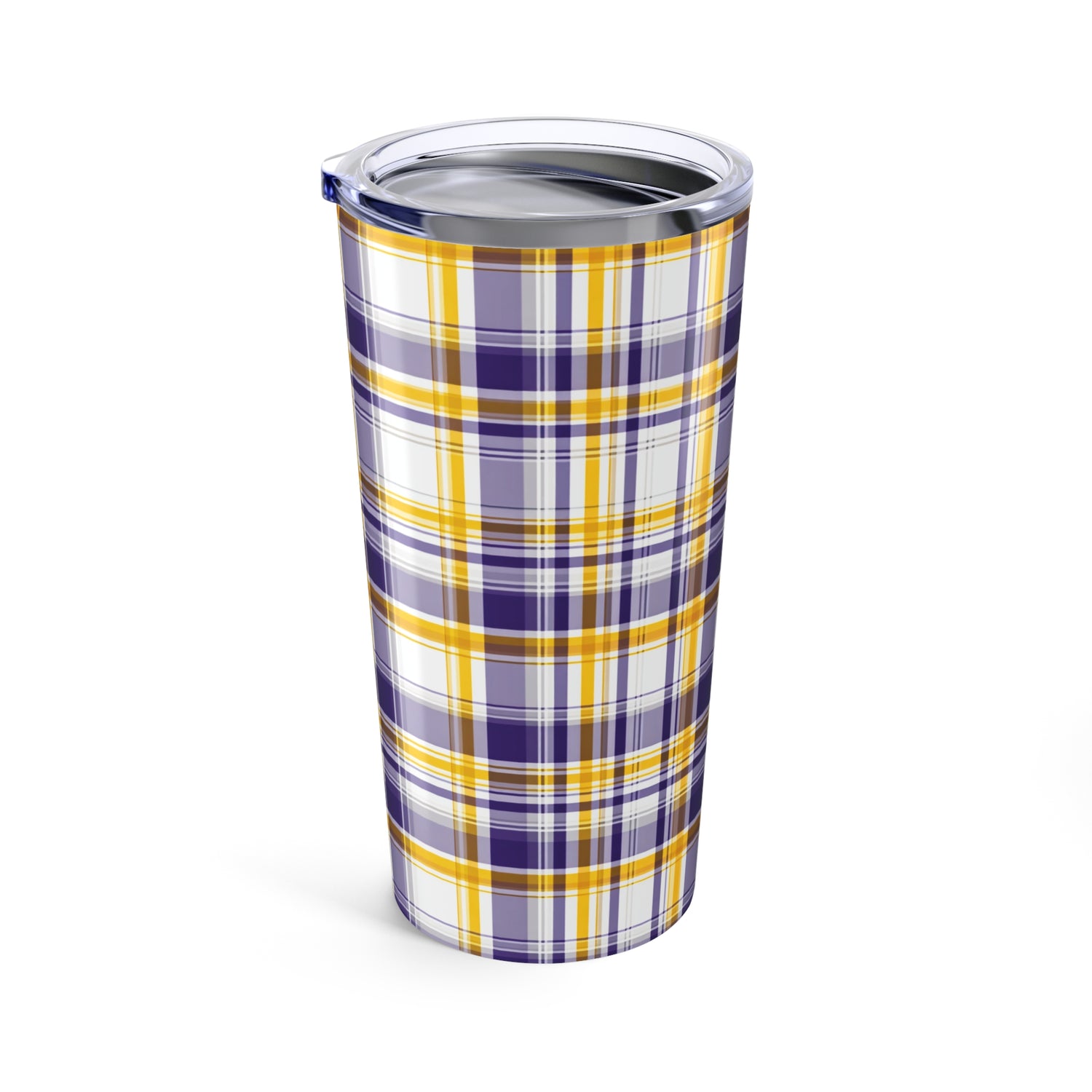 Tumbler with purple and yellow plaid pattern on a white background