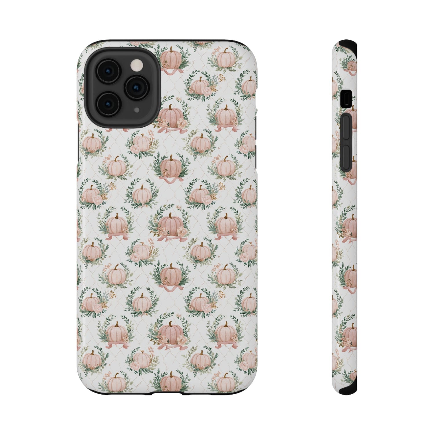 Phone case with pink pumpkins and green leaves pattern on a white background