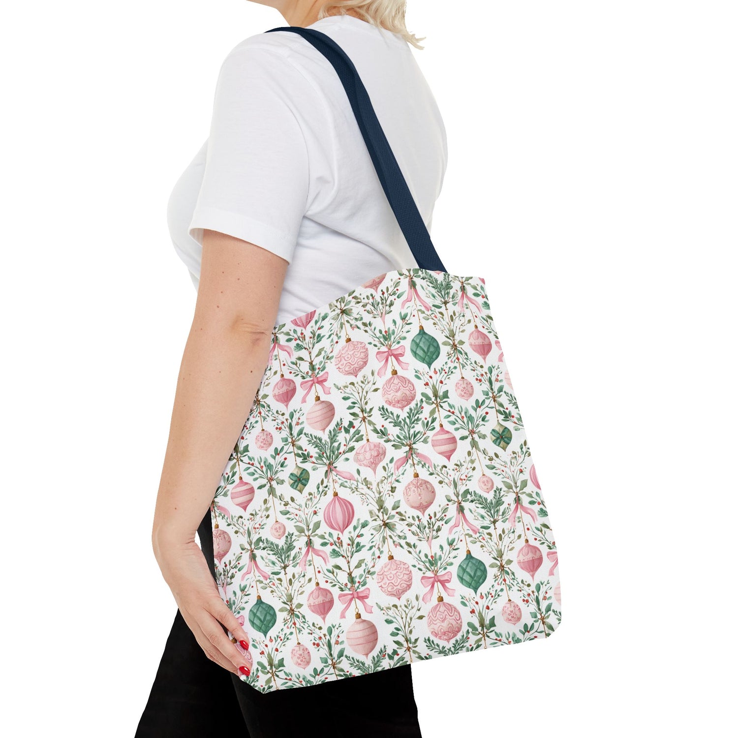 Festive Holiday Tote Bag- Pink Green Ornaments