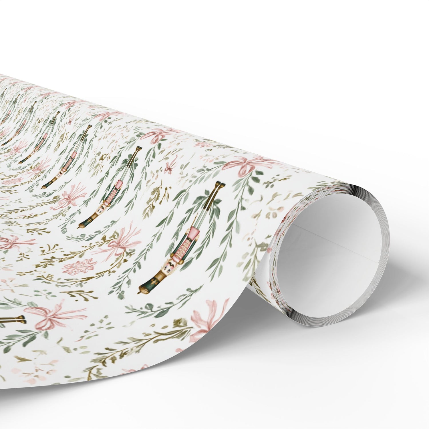 Roll of floral-patterned paper on a white background