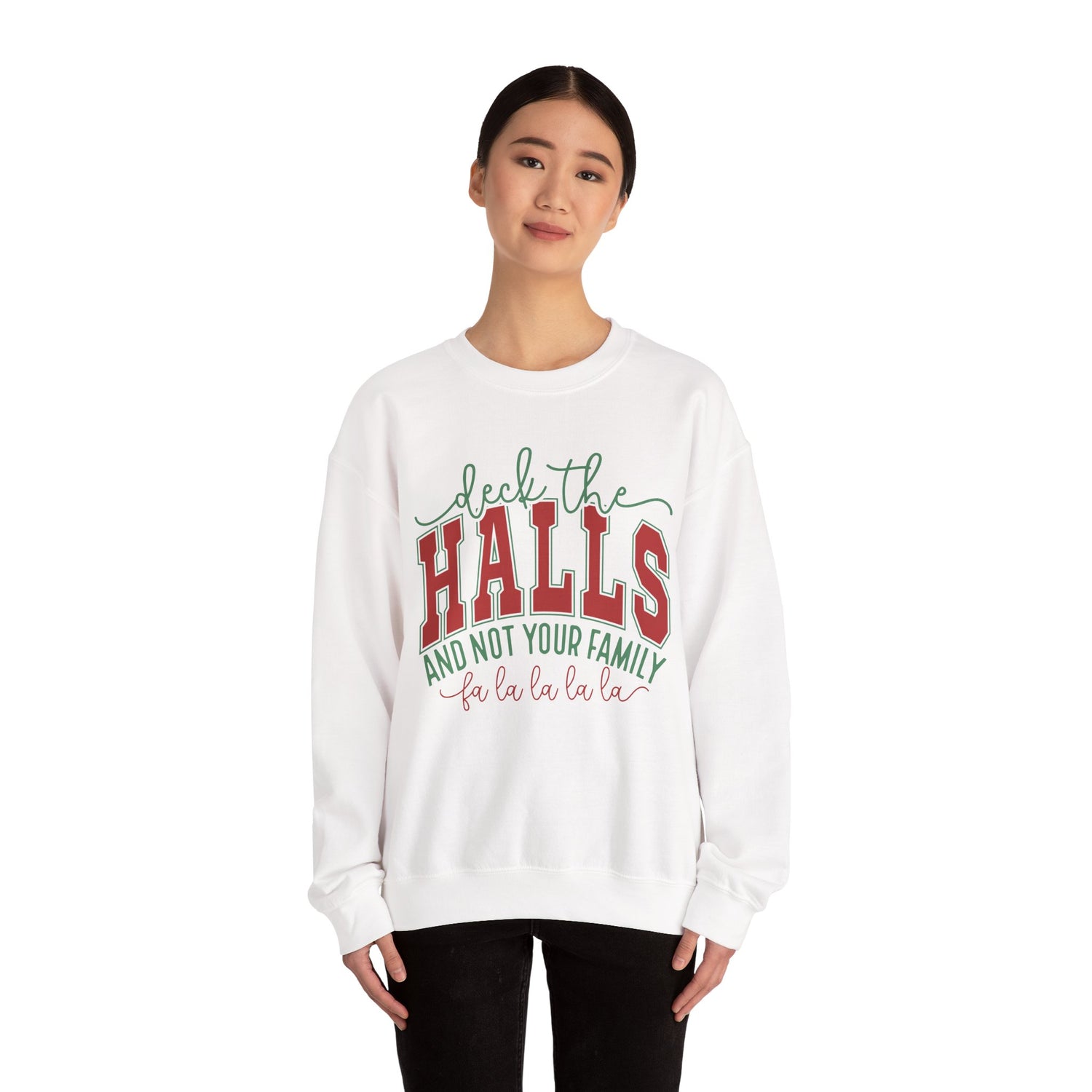 White sweatshirt with festive text worn by a model on a white background