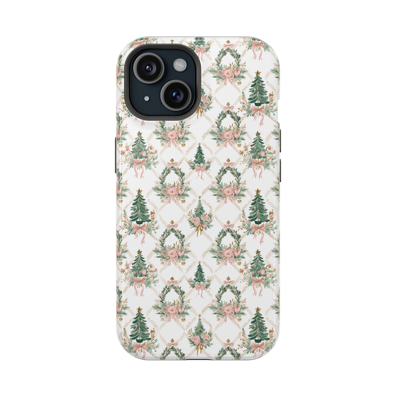 Phone case with Christmas tree and wreath pattern on a white background