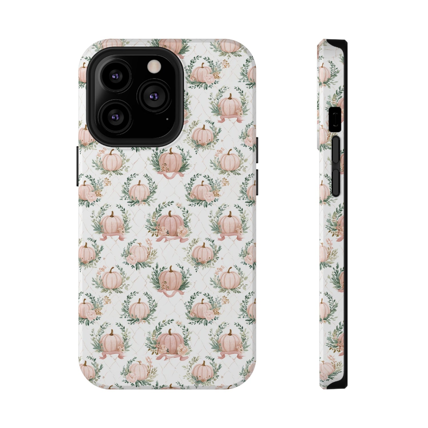 Phone case with pumpkin and leaf pattern on a white background