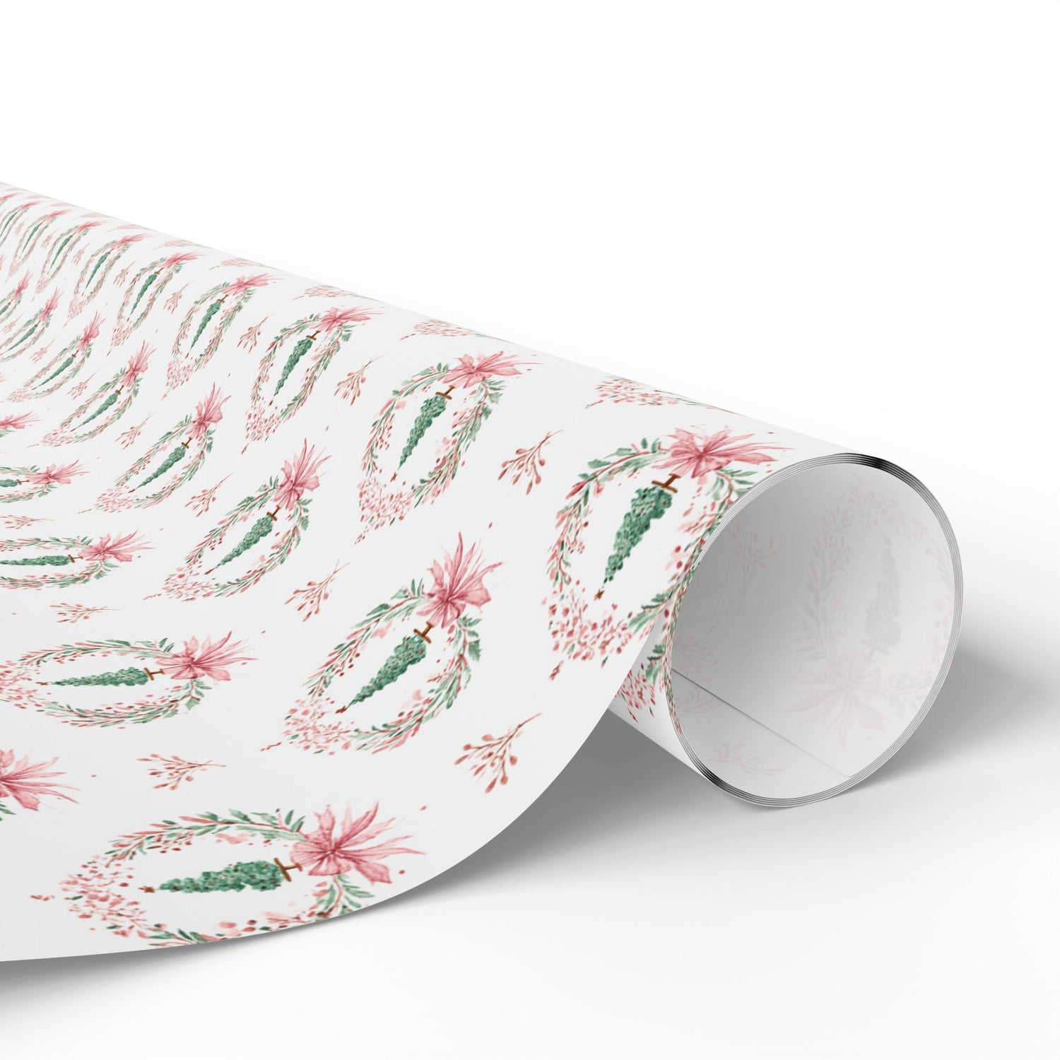 Roll of floral-patterned paper on a white background
