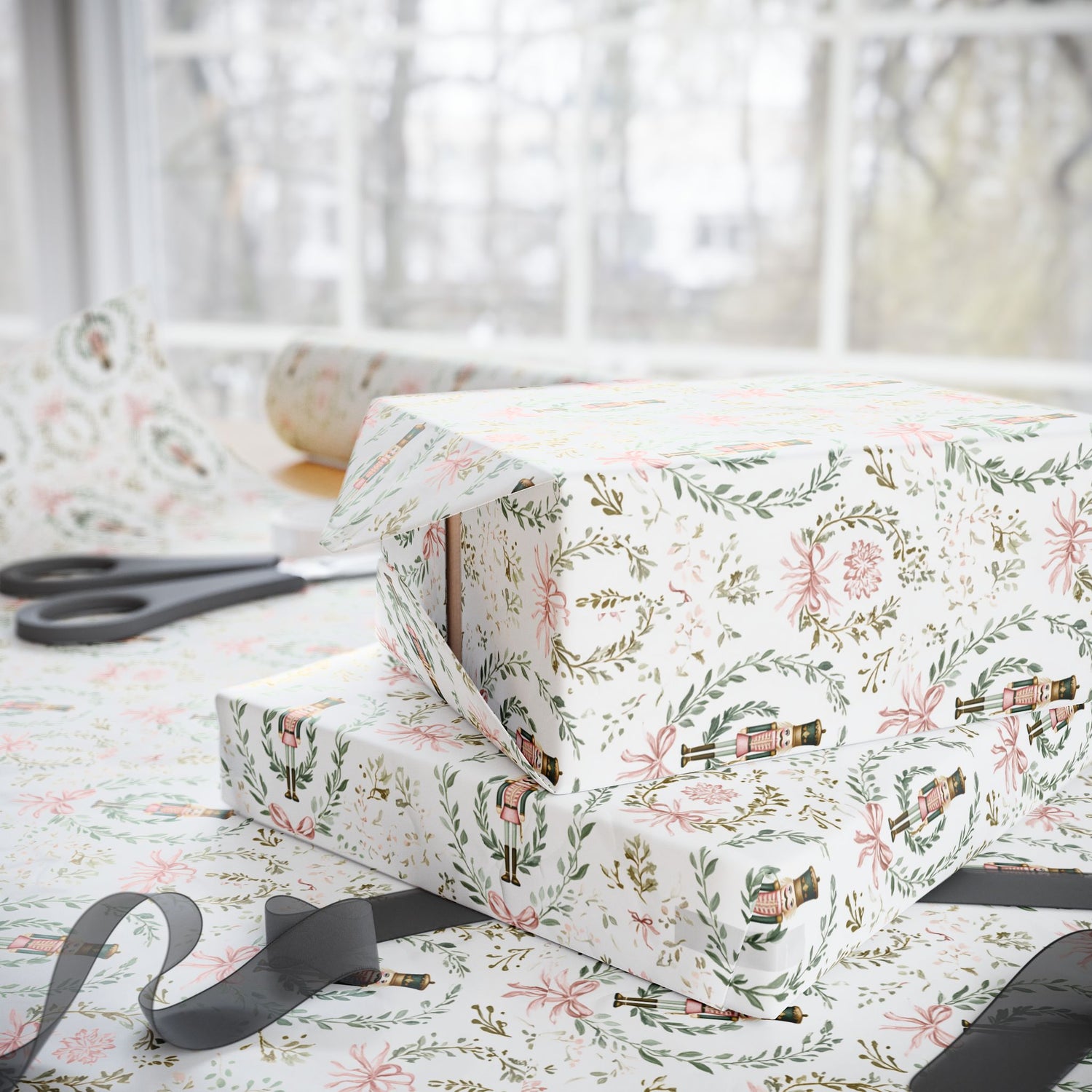 Gift boxes with floral wrapping paper on a table with scissors.