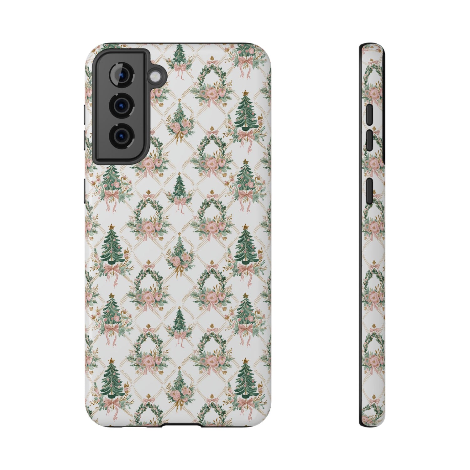 Phone case with Christmas tree and wreath pattern on a white background