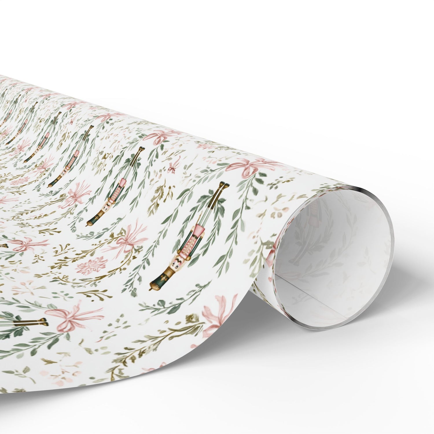 Roll of floral-patterned paper on a white background