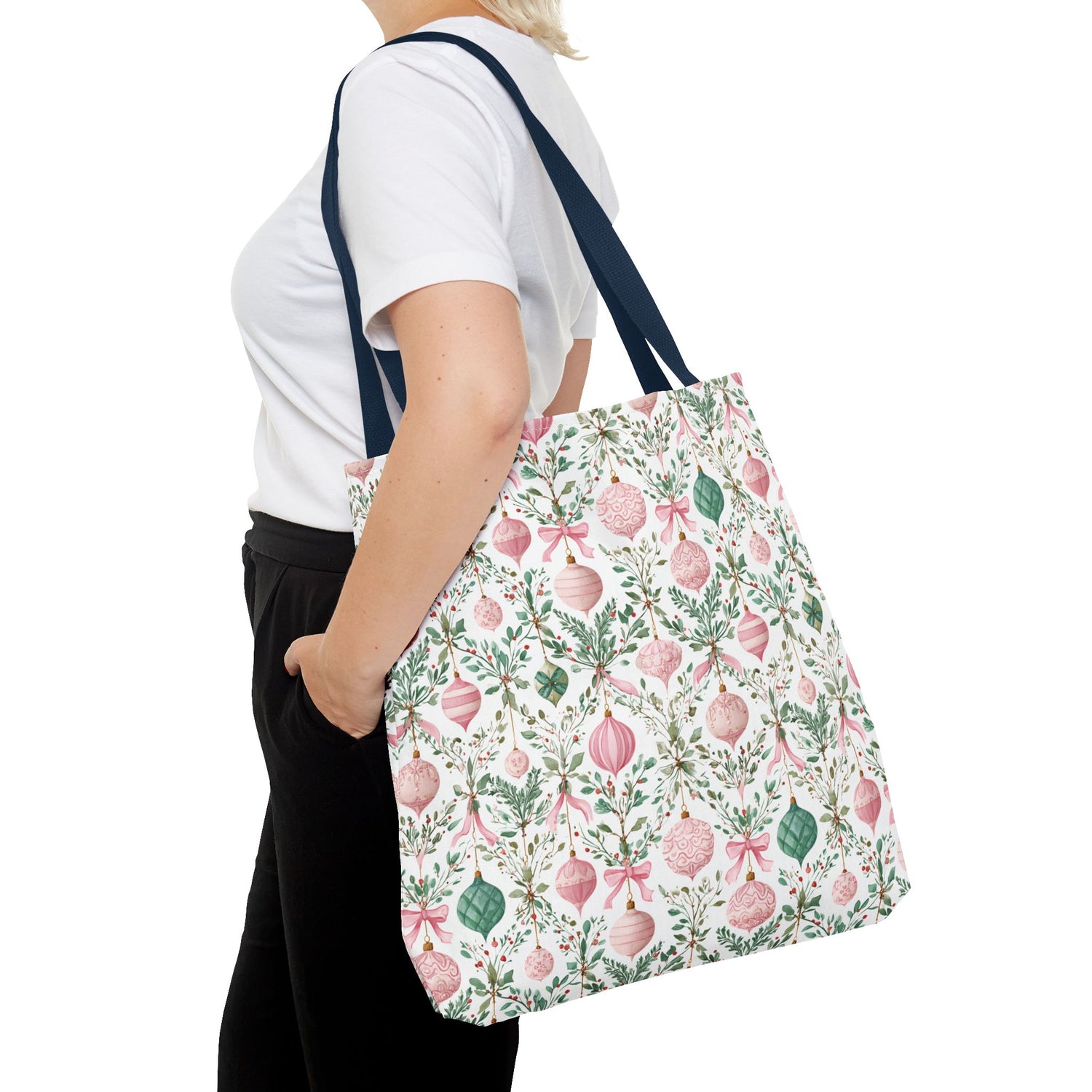 Festive Holiday Tote Bag- Pink Green Ornaments