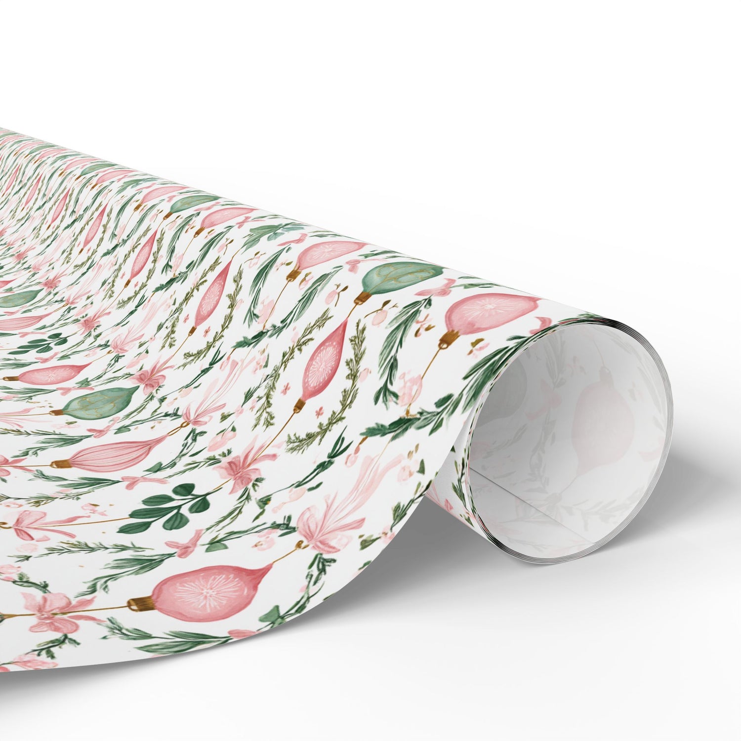Roll of floral-patterned paper on a white background