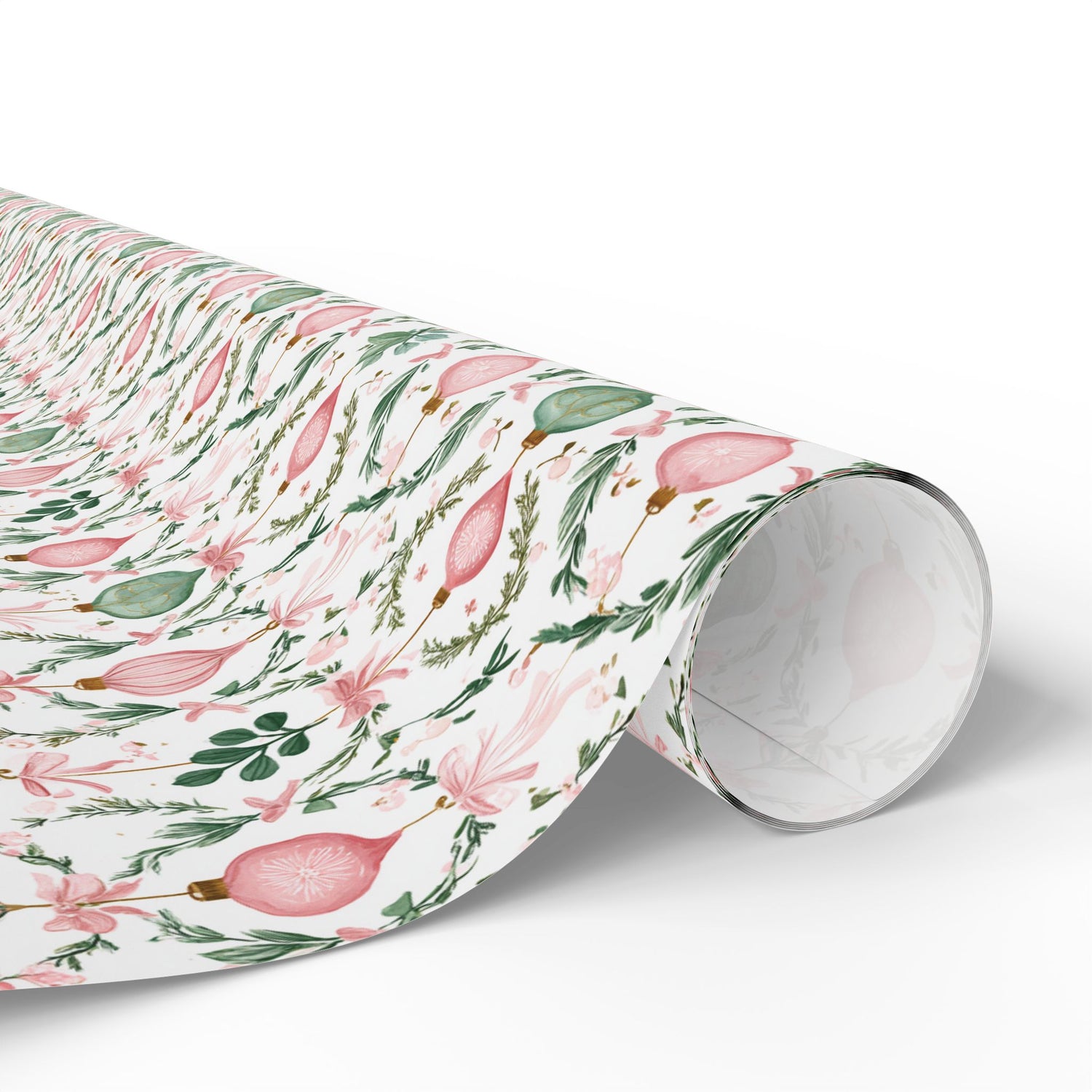 Roll of floral-patterned paper on a white background