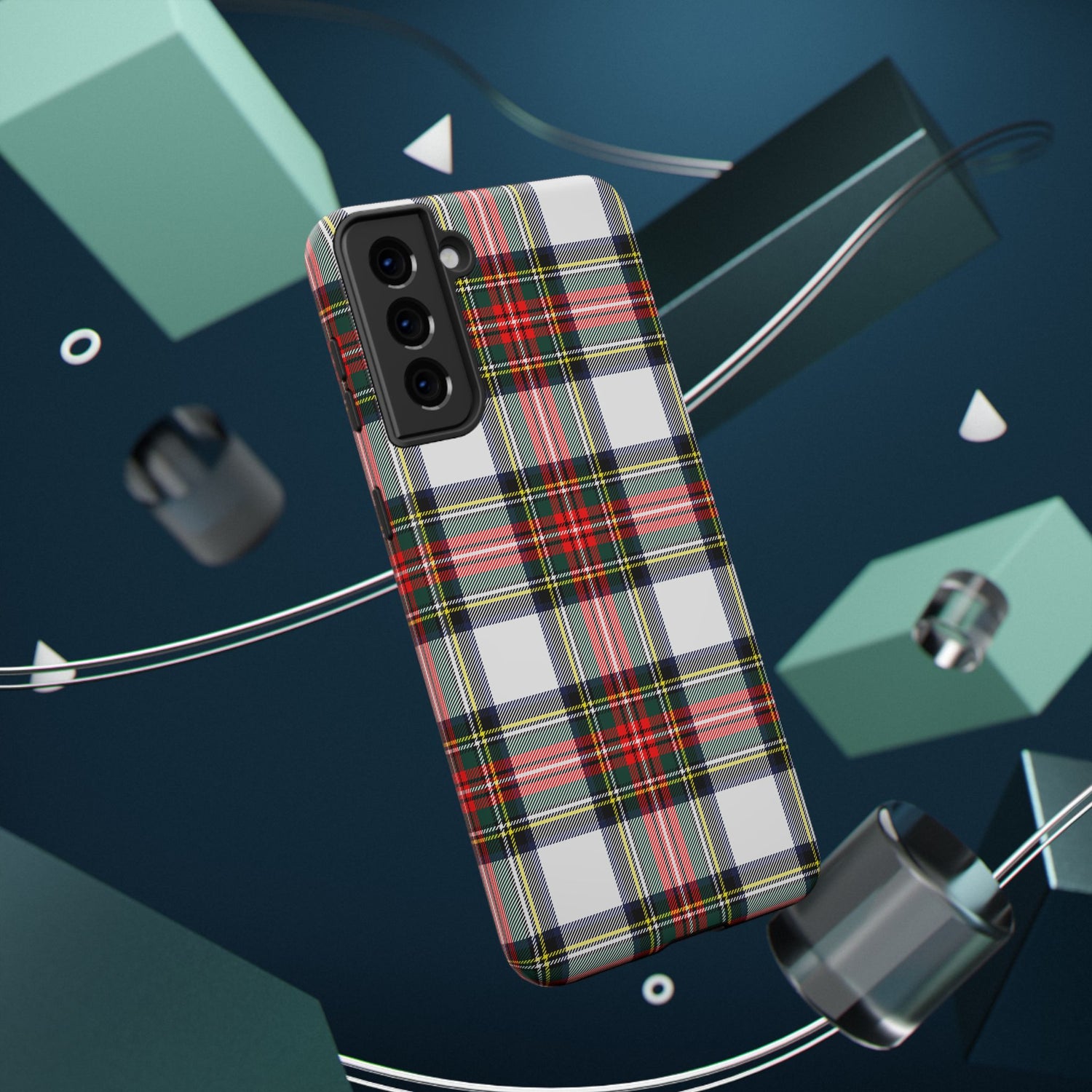 A phone case with a red and black tartan pattern, featuring a cut-out design for the phone's camera and buttons, displayed against a dark background with geometric shapes.
