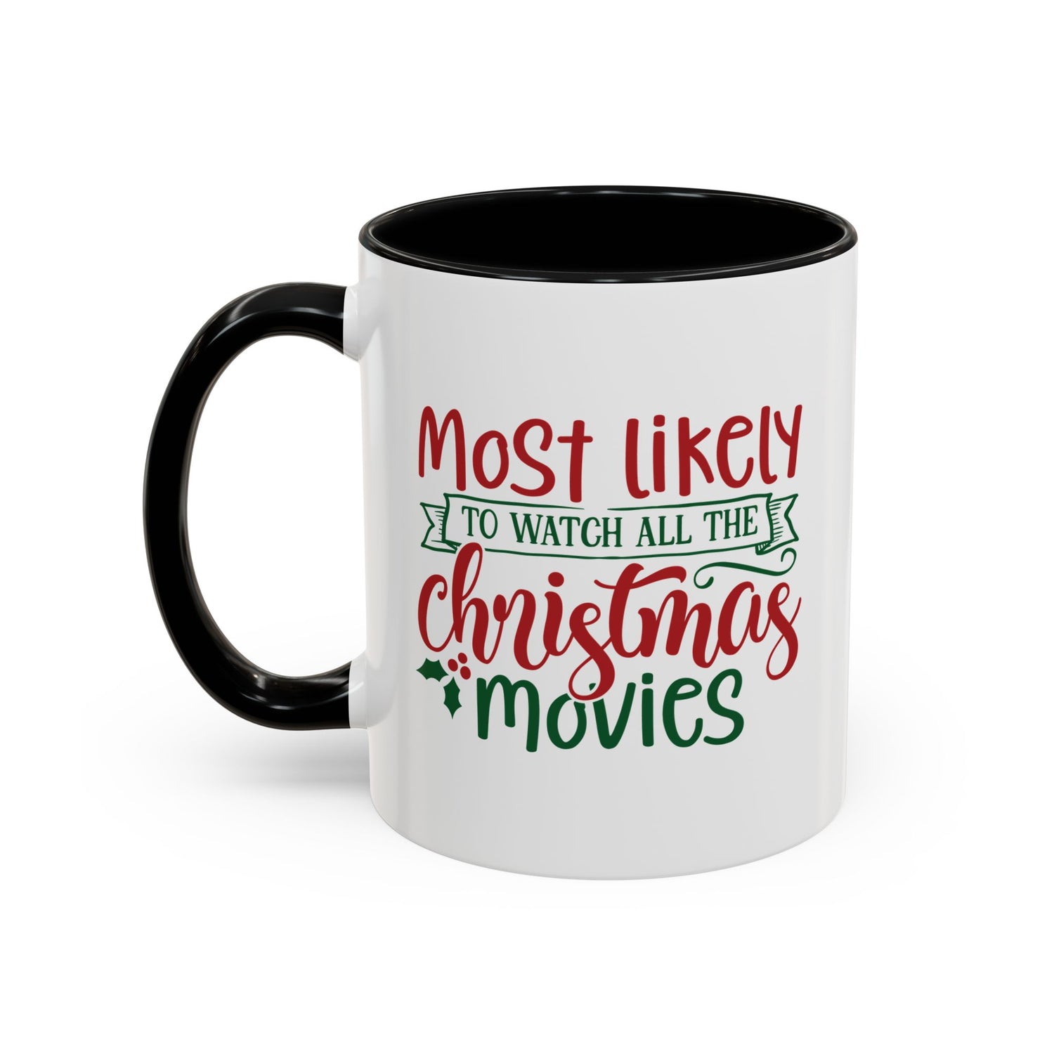 White mug with black handle featuring Christmas-themed text on a white background