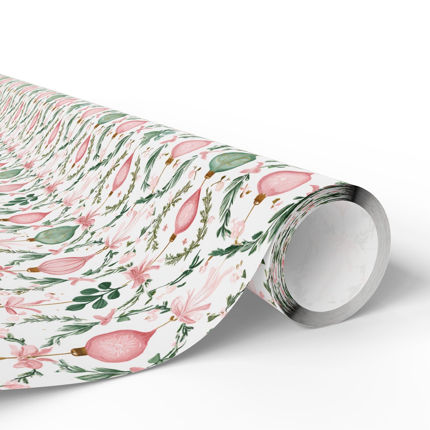 Roll of floral patterned paper on a white background