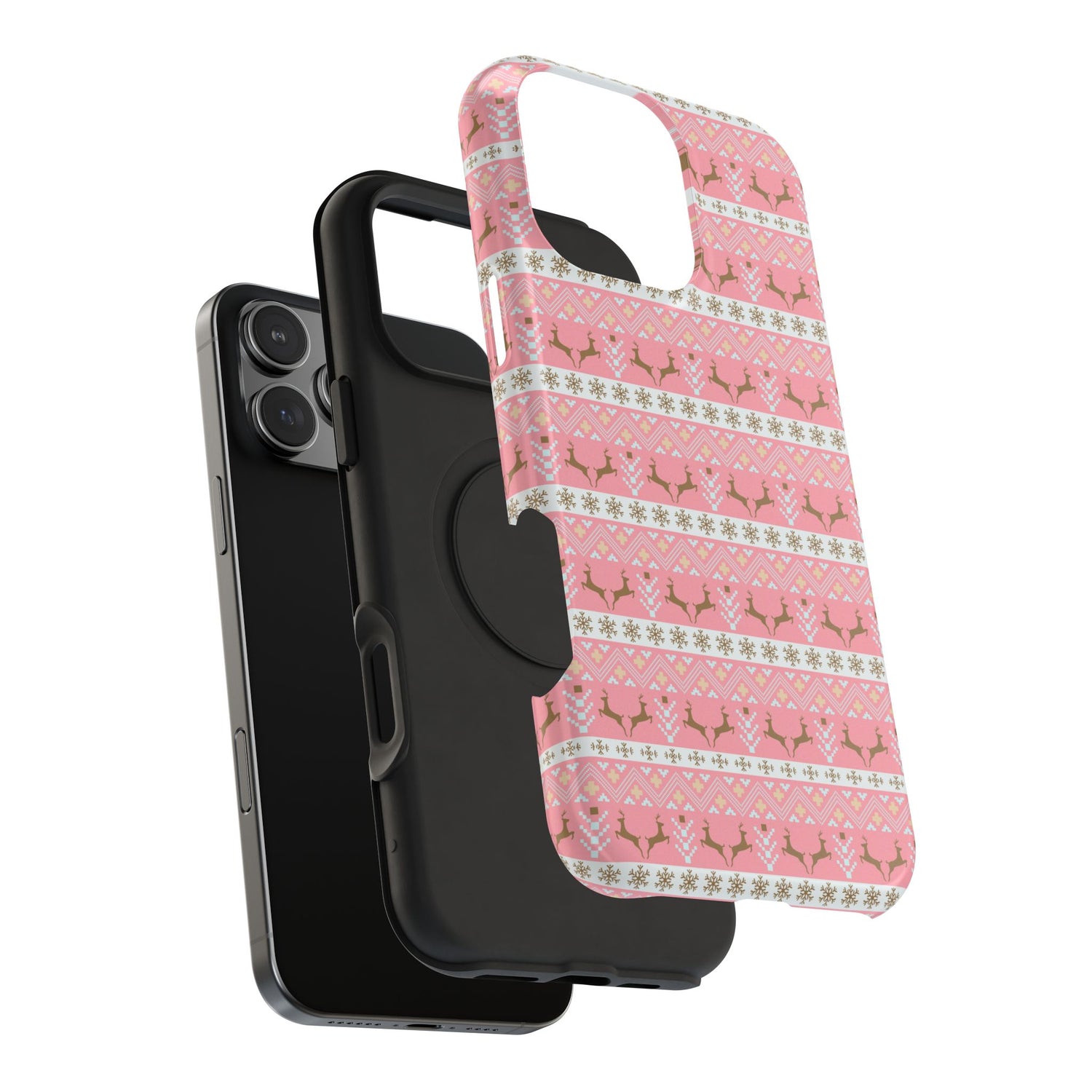 A pink Christmas-themed phone case with a pattern of deer antlers and stars, featuring a black removable TPU inner layer.