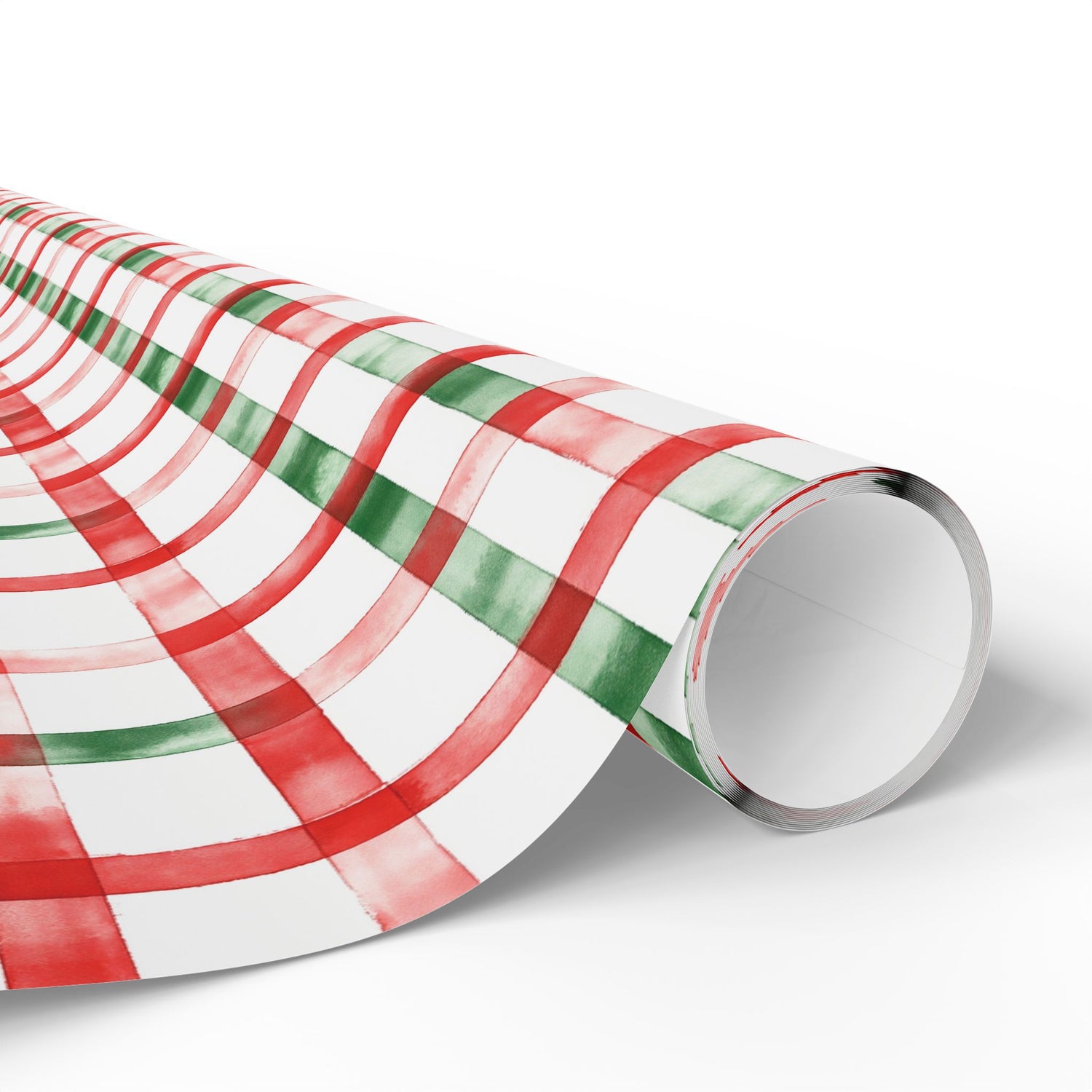 Roll of red, green, and white checkered paper on a white background
