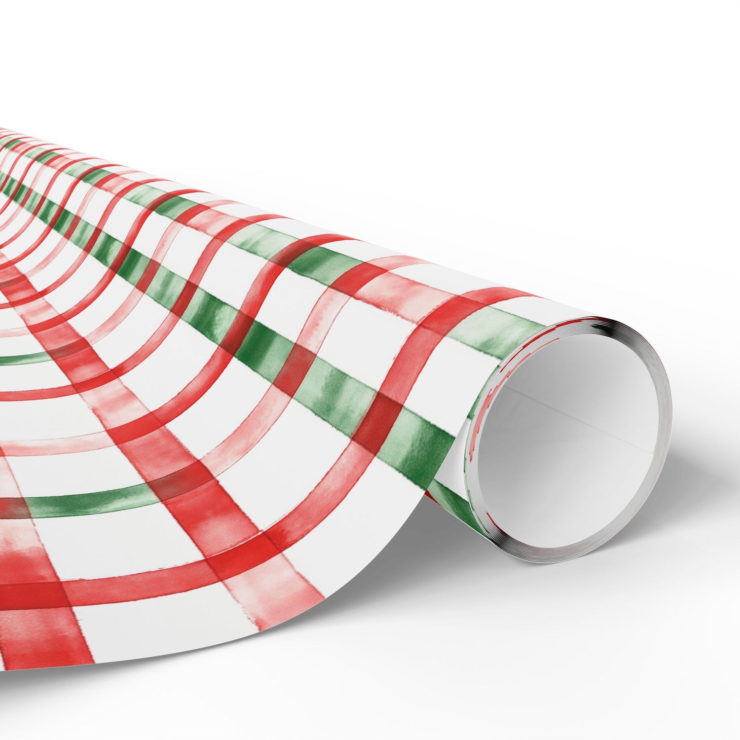 Roll of red, green, and white checkered paper on a white background