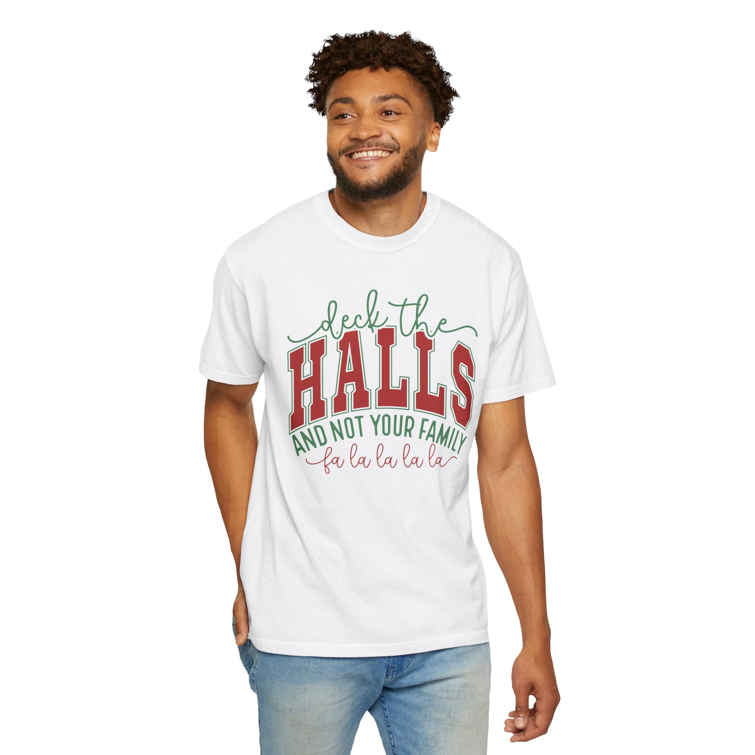 Man wearing a white t-shirt with Christmas-themed text on a white background