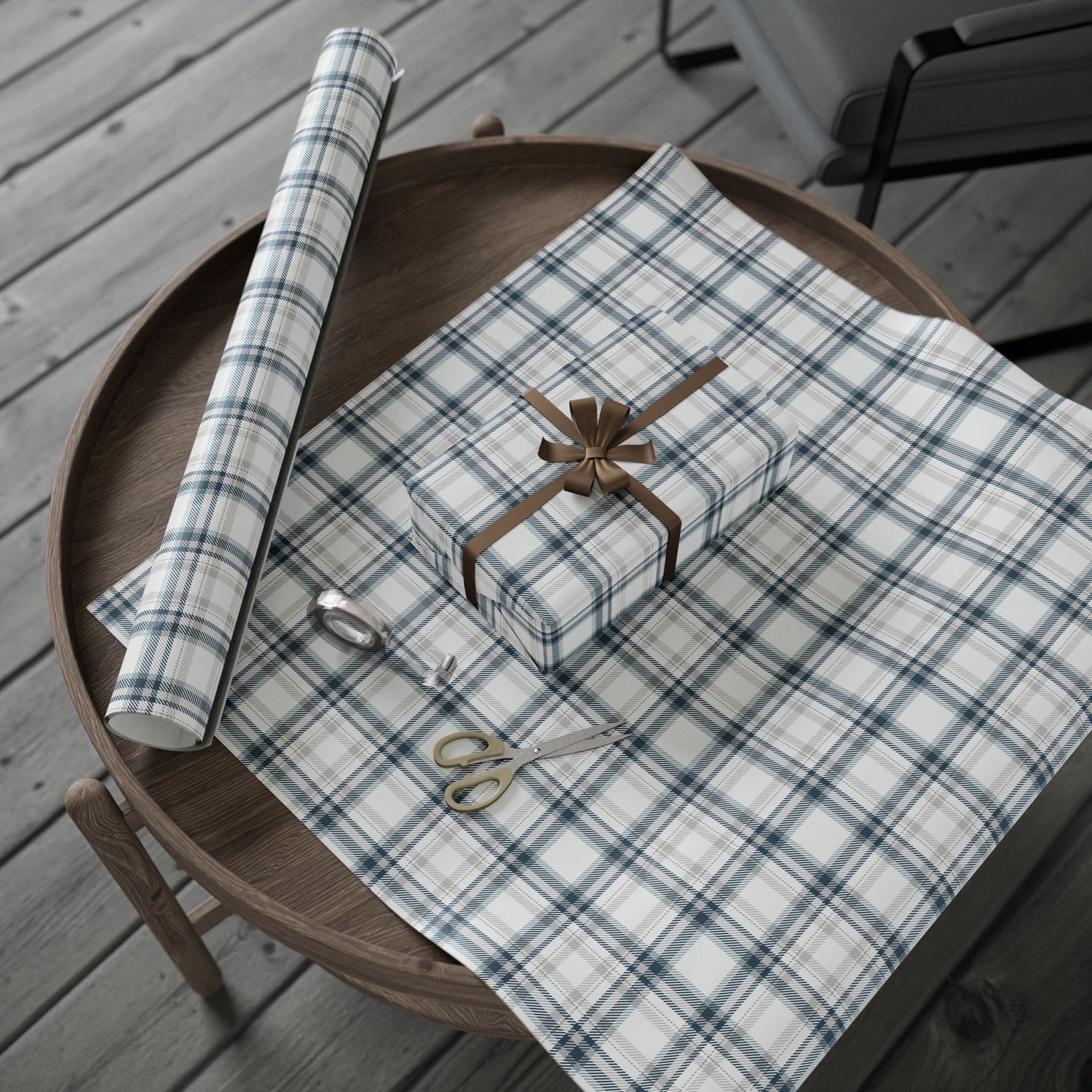 Premium Wrapping Paper -Grey Blue Plaid