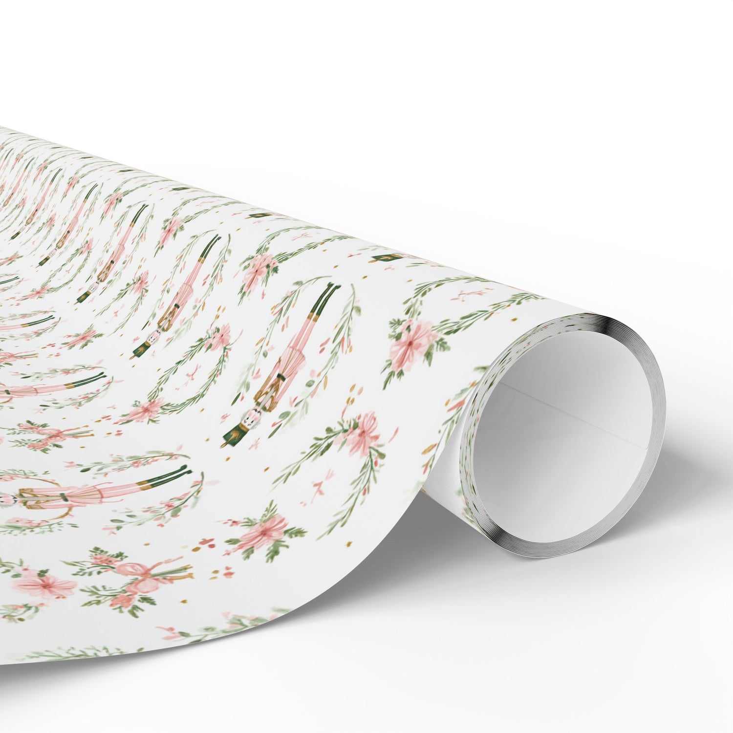 Roll of decorative paper with floral and ribbon design on a white background