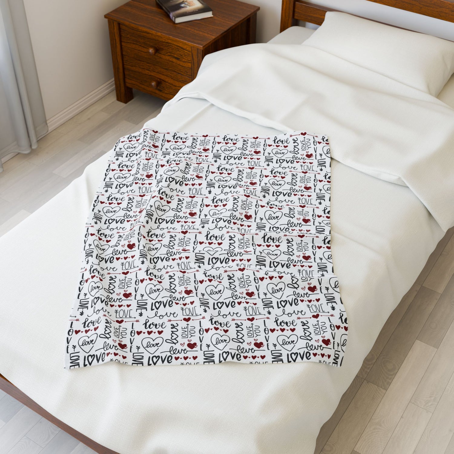 Cozy Love Print Velveteen Blanket - Valentine's Day Gift, Soft Luxury, Home Decor, Bedspread, Snuggle Throw