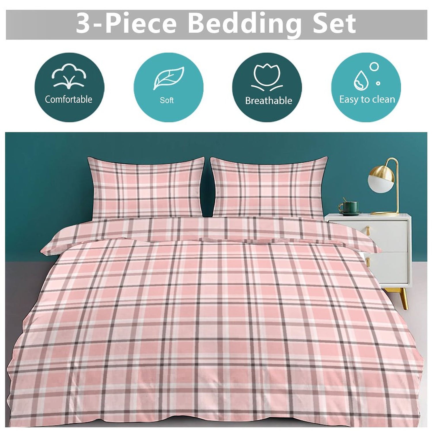 3-piece bedding set with pink plaid pattern on a bed, featuring comfort, softness, breathability, and ease of cleaning icons.