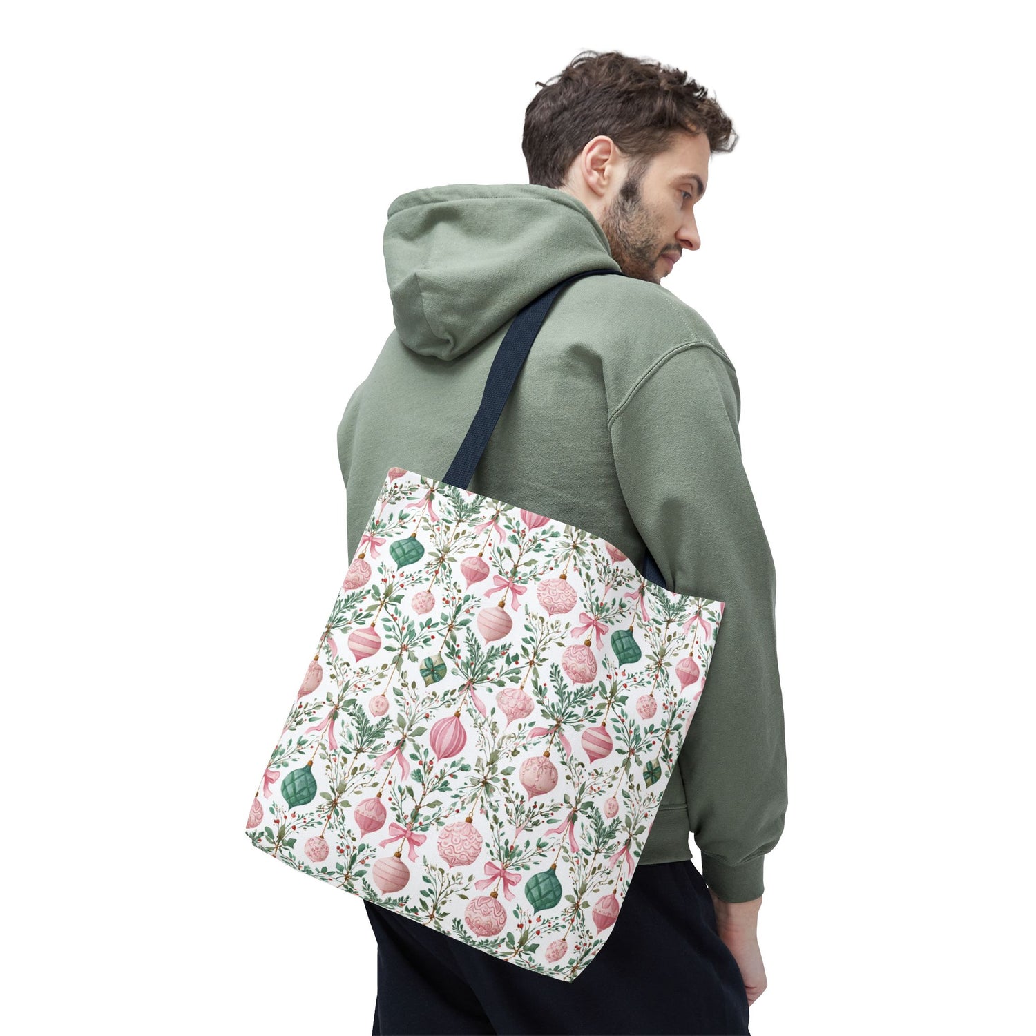 Festive Holiday Tote Bag- Pink Green Ornaments