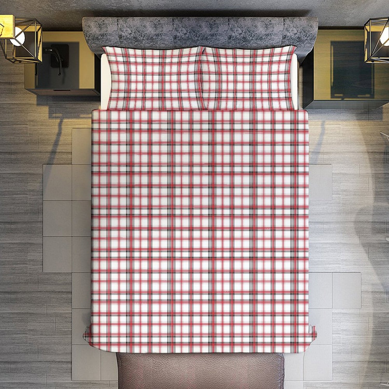 Red and white checkered duvet cover on a bed in a room with wooden flooring and a stone wall.