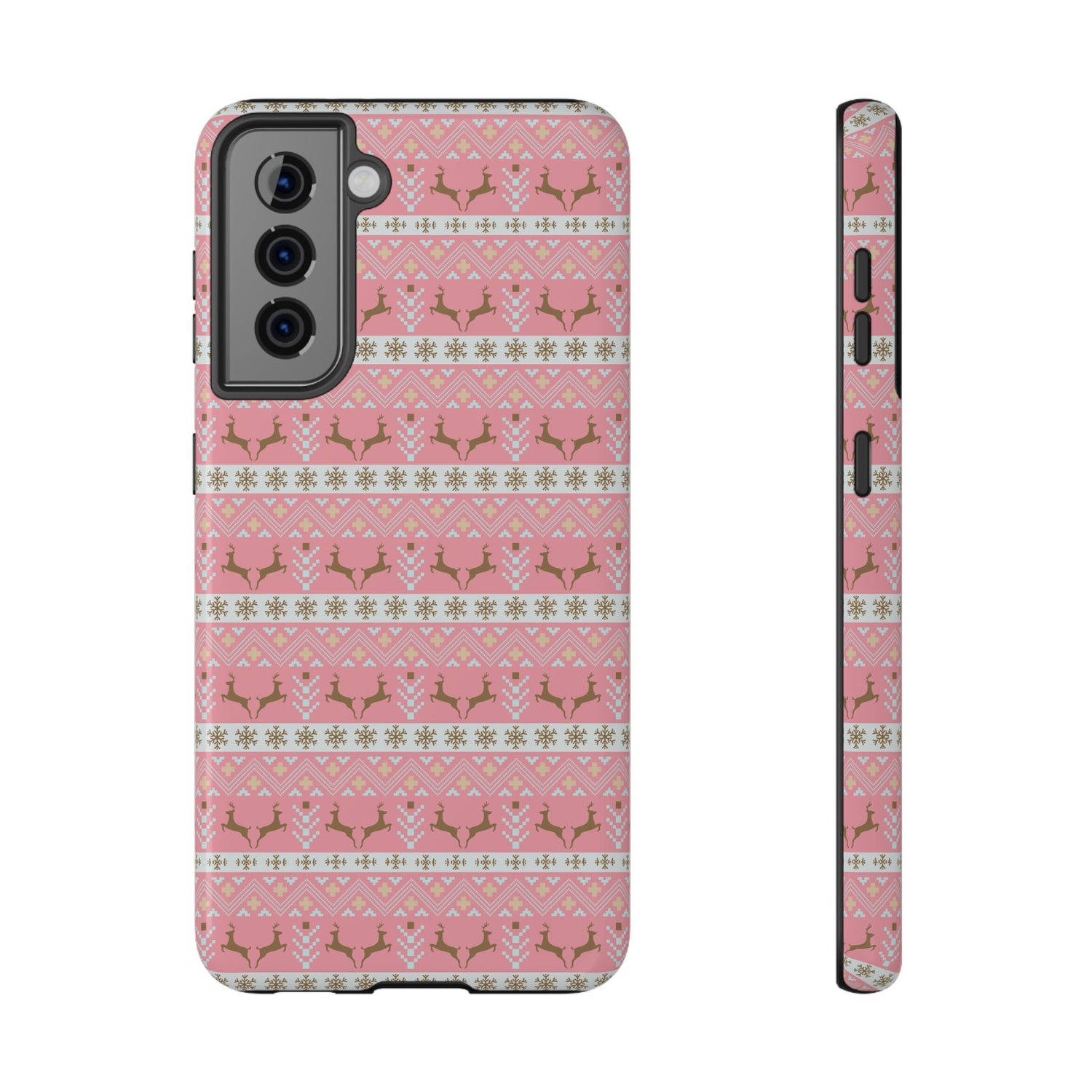 A pink Christmas-themed phone case with a pattern of deer antlers and stars, featuring a black removable TPU inner layer.