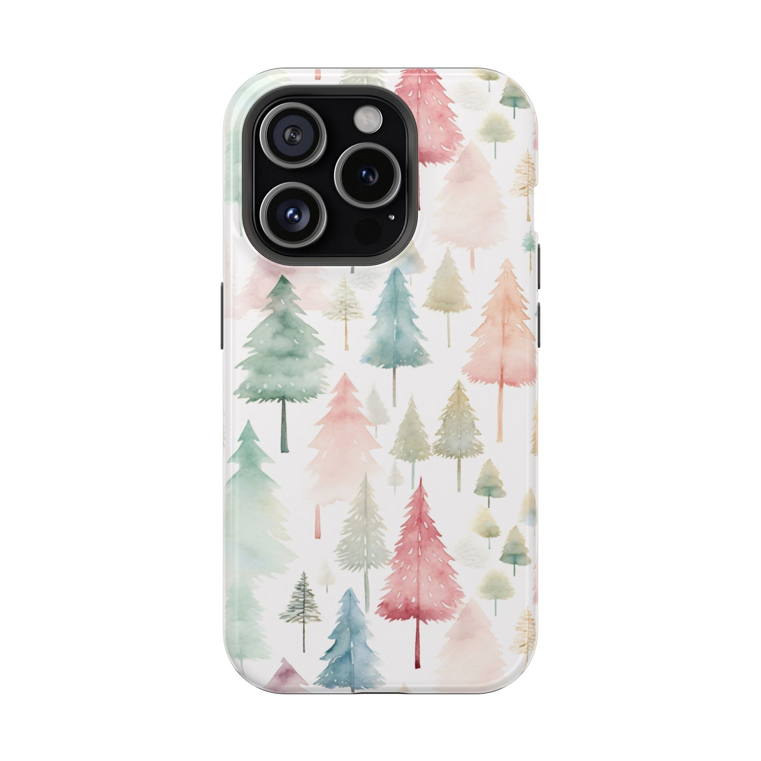 A phone case with a Christmas tree watercolor print, featuring a black plastic border and a wireless charging camera cut-out on the back.