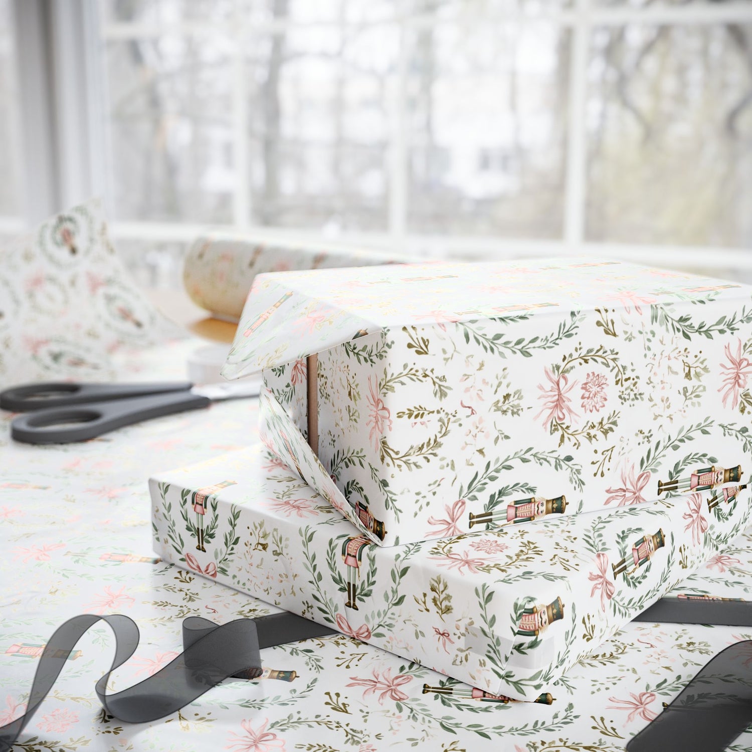 Gift box with floral wrapping paper on a table with scissors