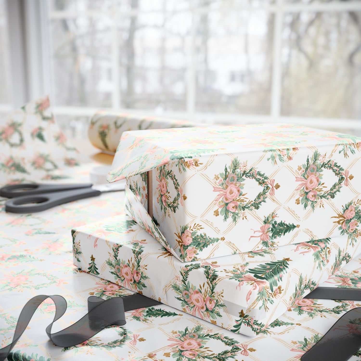 Floral-patterned gift box with ribbon and scissors on a matching floral surface