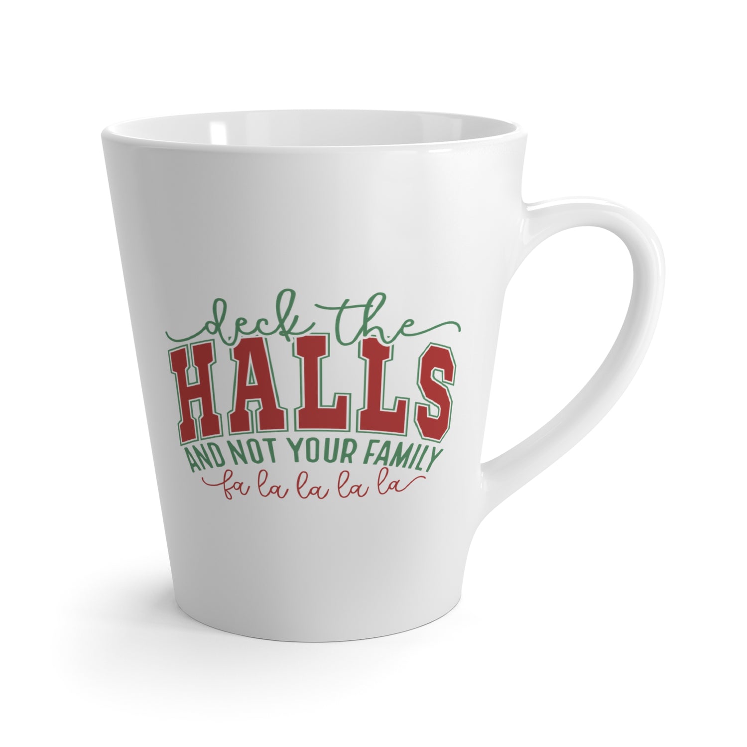 White mug with Christmas-themed text design on a white background