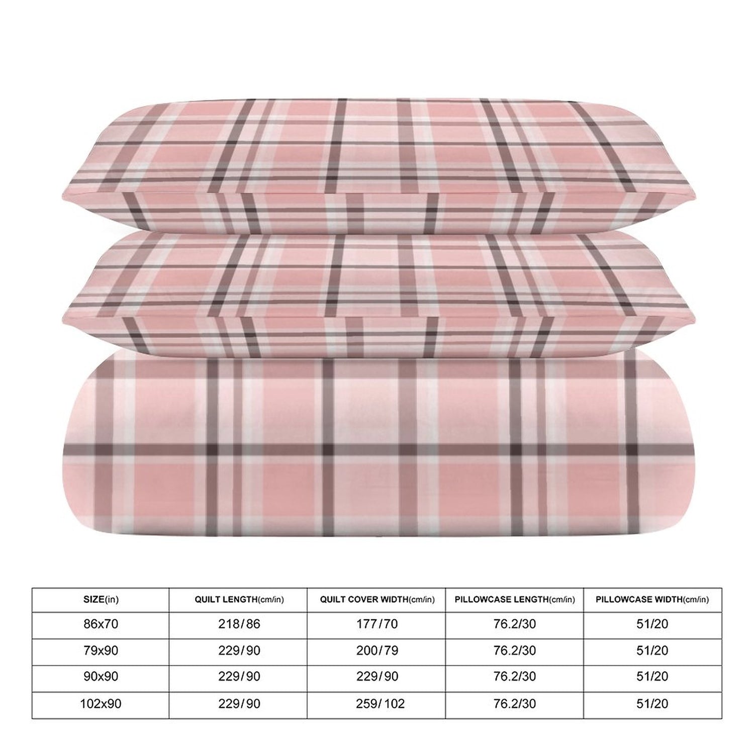 Pink plaid quilt set with size chart on a white background