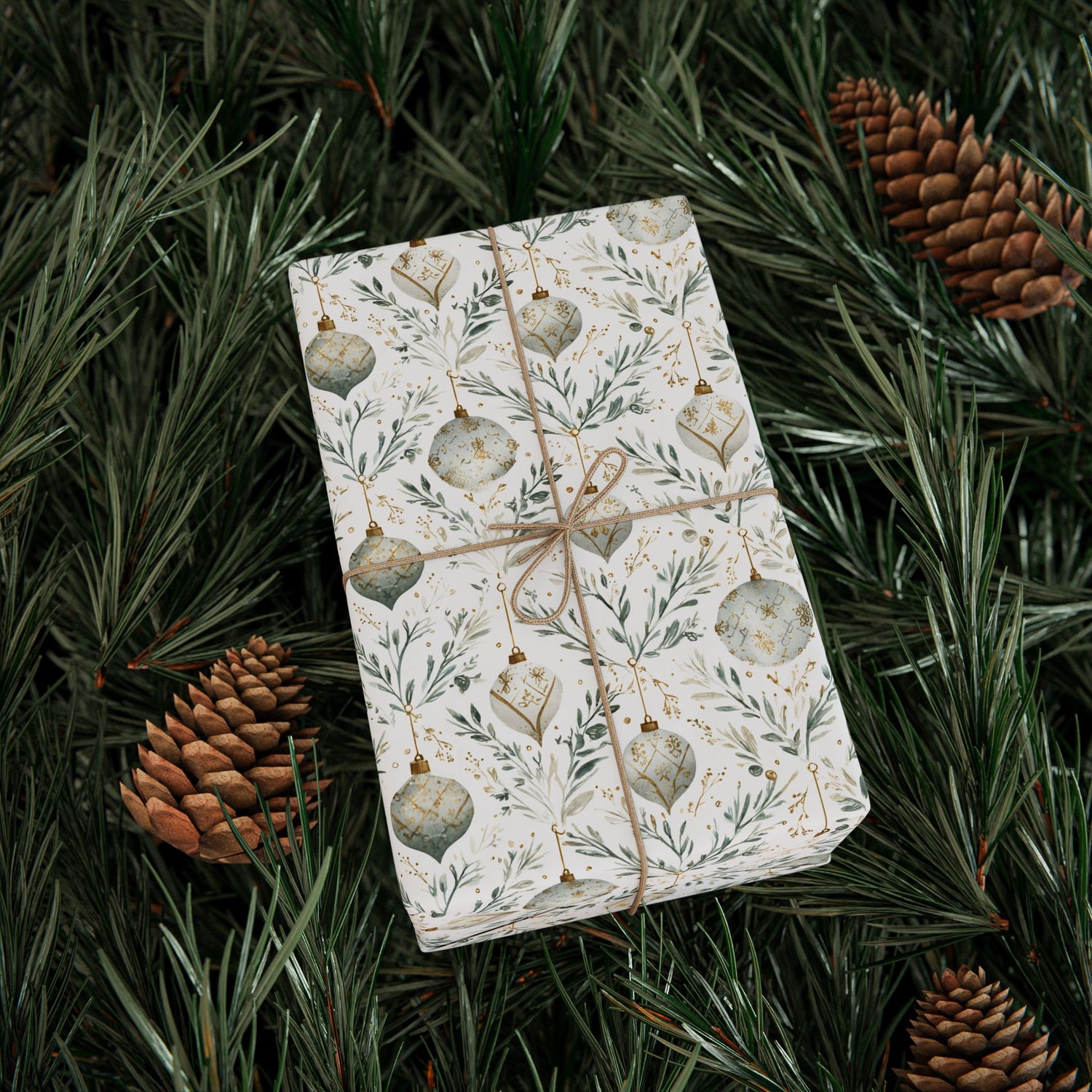 Premium Wrapping Paper – Green Gold Ornaments