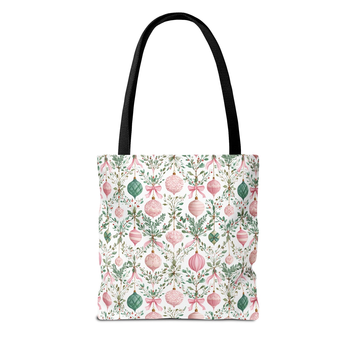 Tote bag with a festive pattern of pink ornaments and green leaves on a white background