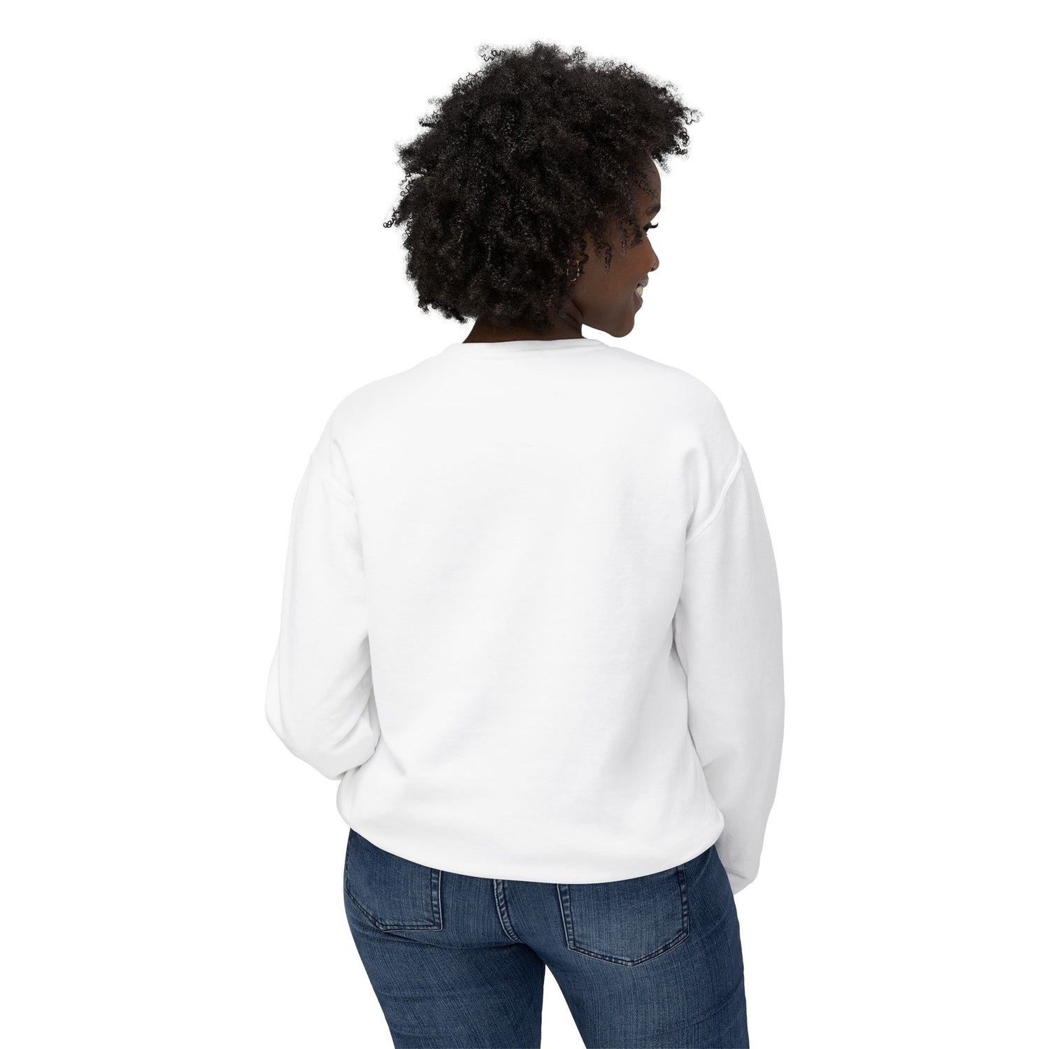 Person wearing a white sweatshirt and blue jeans on a white background