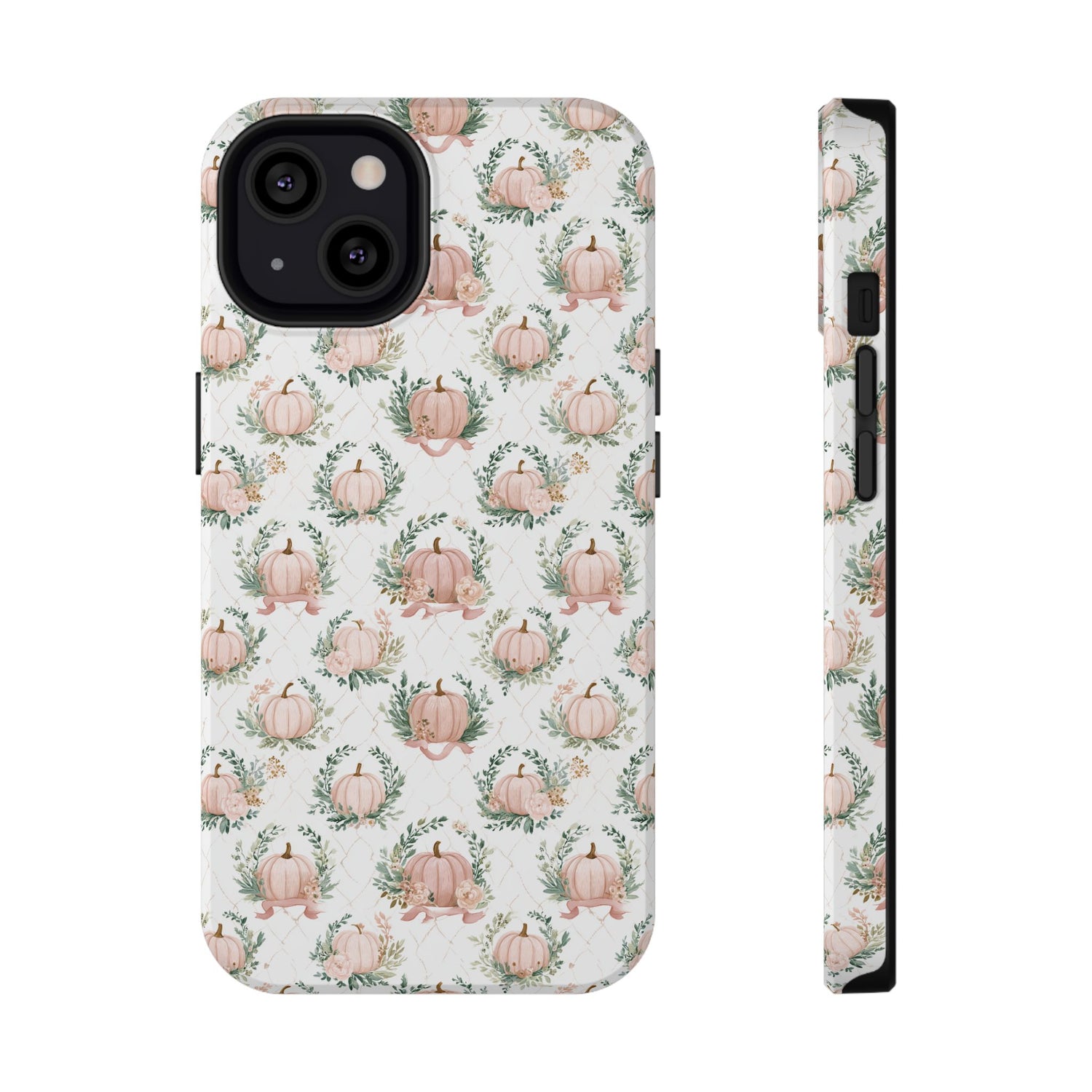 Phone case with pink pumpkins and green leaves pattern on a white background
