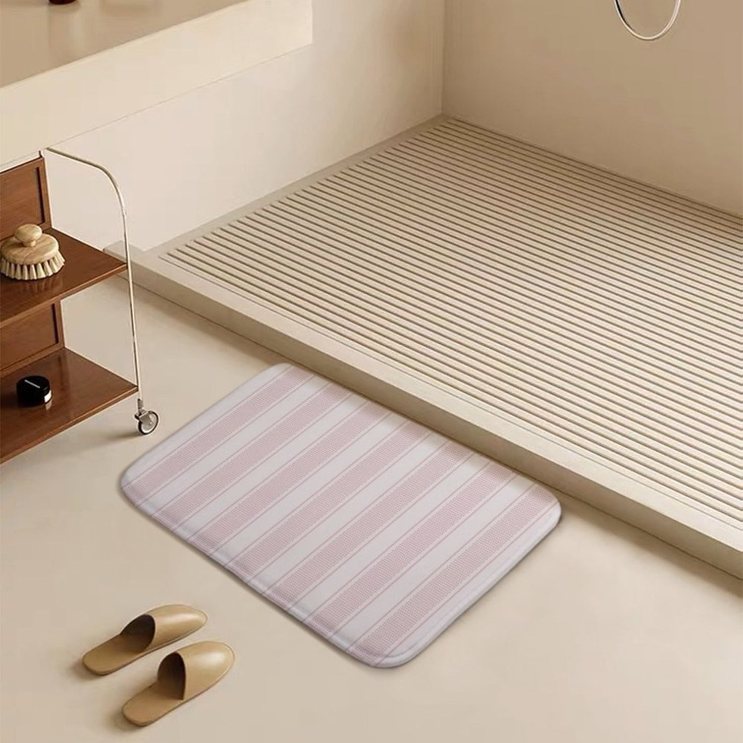 Plush Bath Mat- French Stripe Pink